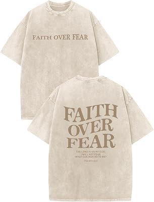 Christian Faith Over Fear Shirt for Men Jesus Religious Shirts Oversized Graphic Tees Acid Wash God T-Shirt