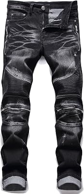 AITITIA Men's Biker Zipper Deco Washed Straight Fit Jeans